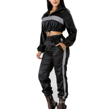 Custom made high quality black streetwear reflective jogger track pants women striped reflective tracksuit